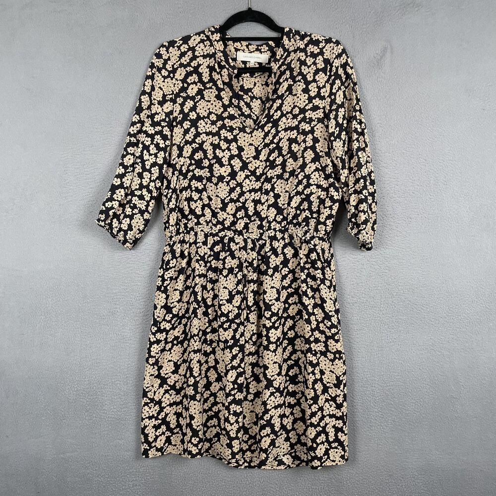 Gerard Darel Midi Dress Womens 42 Black Beige Floral Silk 3/4 Sleeve R303